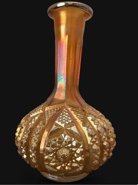 Vintage Daisy and Button Iridescent Imperial Glass Decanter Vase - Amber Gold